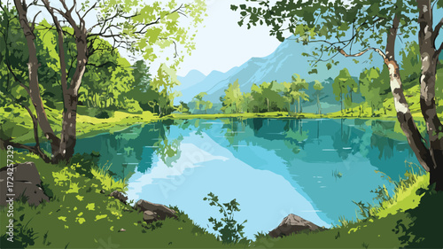 Serene Pond Landscape Vector Scene for Graphic Design Projects