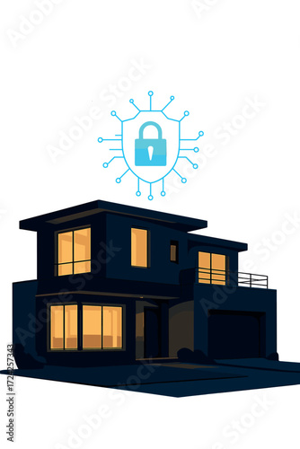 At dusk, a contemporary two‑story smart home is safeguarded by a digital padlock security system, its interior warmly lit