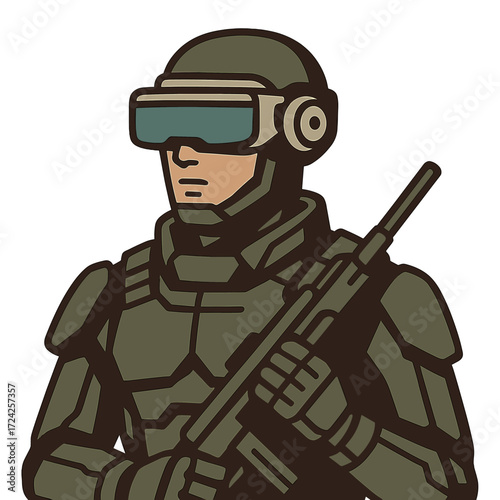 A soldier of the future, engaged in cyber warfare, augmented reality, and virtual reality