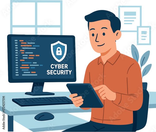 A male programmer and employee uses a tablet, engages in cybersecurity, and works with a computer in a modern office, coding digital software while staying connected to the internet