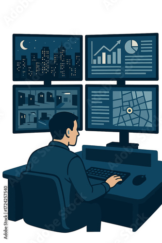 A man monitors security screens, observes the city at night, works in a control room, analyzes data, and ensures security