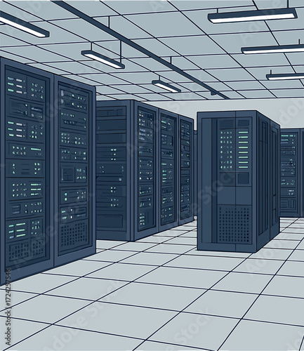 A data center brimming with rack servers and supercomputers, featuring modern telecommunications, , and supercomputer technology concepts, rendered in 3D as a conceptual image