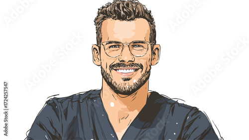 Smiling Male Doctor in Scrubs Portrait Vector Illustration