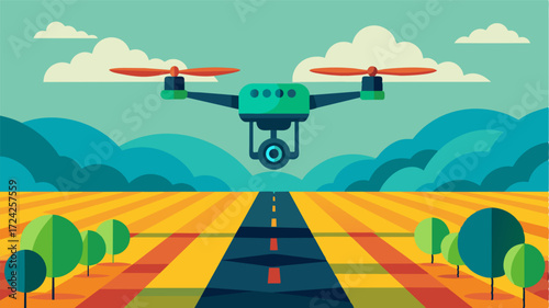 A drone equipped with advanced imaging technology flying over fields to create a detailed digital map of crop locations and quantities.. Vector illustration