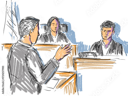 Courtroom Trial Sketch Showing Lawyer Interrogating a Young Defendant Plaintiff Witness in Court