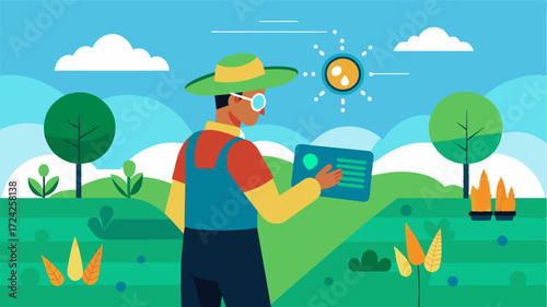 A farmer using augmented reality glasses to visualize their field and make adjustments to their AIdriven crop rotation schedule on the spot.. Vector illustration