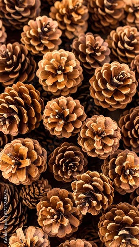 Close-up view of many small, dried pine cones, tightly packed together, showing intricate details of their scales and textures.  A warm, golden brown color dominates the image