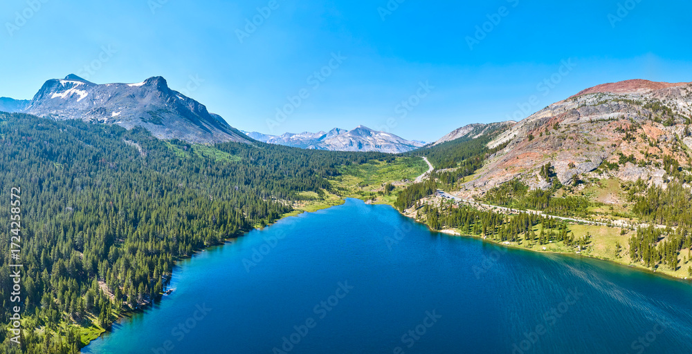 Fototapeta premium Aerial Tioga Lake Sierra Nevada Mountains Forest and Road Panorama