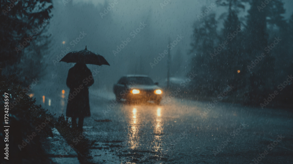 Obraz premium Rainy evening scene with person holding umbrella standing on sidewalk while car headlights illuminate wet street and trees in the background adding to the atmosphere.