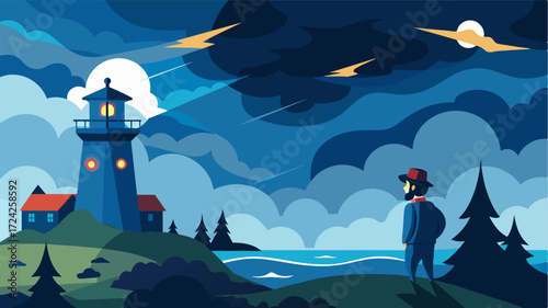 A storm brews in the distance and the lighthouse keeper quickly adjusts their schedule to prepare for potential emergencies.. Vector illustration
