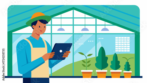 A farmer analyzing a digital yield forecast report on a tablet inside a modern greenhouse filled with automated equipment and sensors.. Vector illustration