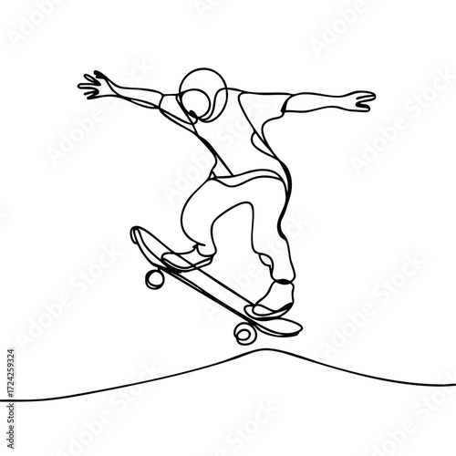 Skateboarder performing aerial trick in mid-air, minimalistic black line art design on plain white background, concept of creativity and elegance, art studios, graphic design