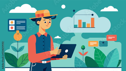 A farmer consulting with a virtual assistant powered by AI technology which can analyze years of historical climate data and recommend the most suitable crop varieties and planting. Vector