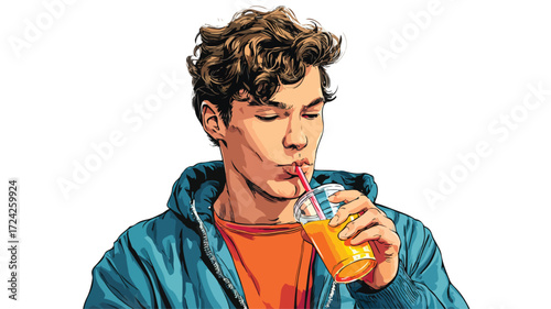 Young Man Drinking Juice Low Angle Portrait Vector Illustration