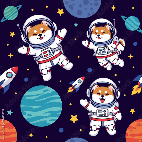 Cute Shiba Inu astronauts exploring space with planets and rockets Fun adventurous illustration