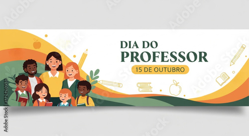 Dia do professor banner featuring diverse group of teachers and students art