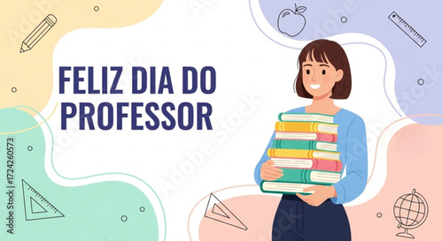 Illustration of a teacher holding books for feliz dia do professor celebration