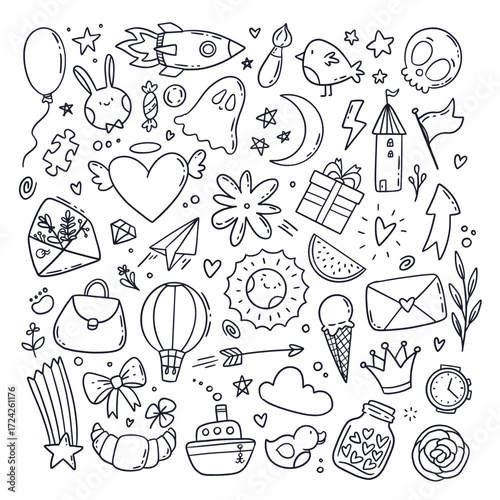 Hand drawn collection of miscellaneous doodle illustrations and icons