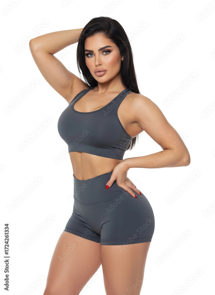 Fototapeta premium Beautiful athletic woman in dark gray fitness attire, isolated on a transparent background PNG, showcasing active lifestyle and workout apparel, perfect for fitness-related content