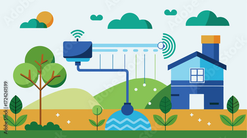 A depiction of a smart irrigation system that utilizes a combination of rainwater harvesting and precision irrigation to conserve water and improve crop yield.. Vector illustration