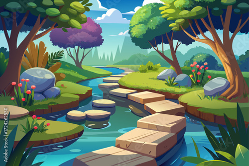 vector of The stepping stones lift me up, tired but hopeful. With the last step, my eyes fall on a bright garden; Where rivers dance and heavenly trees spread shade.