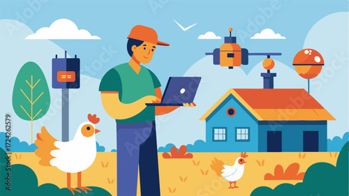 A farm owner remotely monitors a robot that roams through a chicken coop using sensors to measure egg quality and alerting to any potential health concerns.. Vector illustration