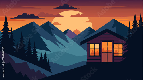 As the sun sets behind the rugged mountains the cabins windows light up welcoming guests to a serene mountain getaway.