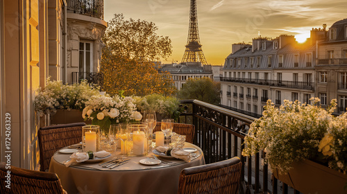 Romantic dinner setting with Eiffel Tower view during sunset in Paris