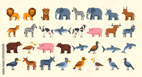 Illustration of various animals including mammals, birds, and fish.