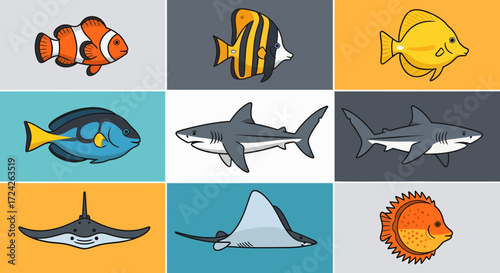 A vibrant collection of nine distinct marine animals, showcasing a variety of fish and rays.