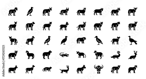 A diverse collection of black animal silhouettes, featuring wildlife and domestic species, presented as simple icons on a white background.