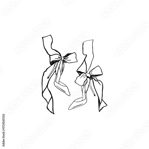 Wedding shoes with bows. Fashionable shoes for the bride, dance shoes, sketch style. Bachelorette party. Elegant decor for wedding invitations, cards. Pair of high heels for the bride. Bridal shoe.