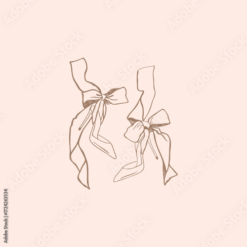 Wedding shoes with bows. Fashionable shoes for the bride, dance shoes, sketch style. Bachelorette party. Elegant decor for wedding invitations, cards. Pair of high heels for the bride. Bridal shoe.