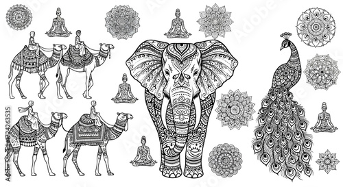 Ornate elephant, camels, peacocks, and meditating figures with mandala designs.