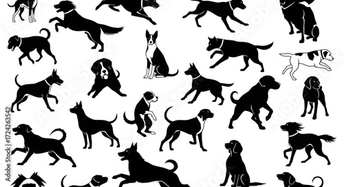 Silhouetted dogs in various poses on a white background.