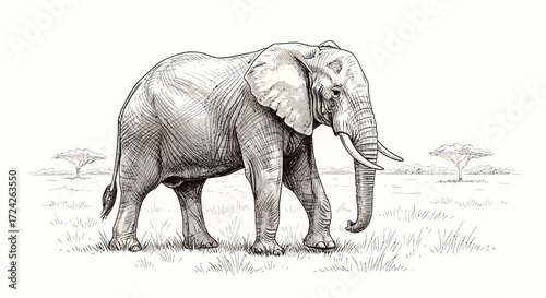 A detailed black and white ink sketch of an African elephant walking across a grassy savanna landscape.