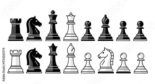 A collection of black and white chess pieces arranged in two rows, showcasing a complete set for a strategic board game.