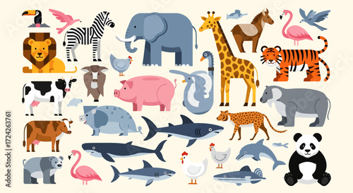 Diverse animal collection: lion, zebra, elephant, giraffe, tiger, shark, panda, and more.