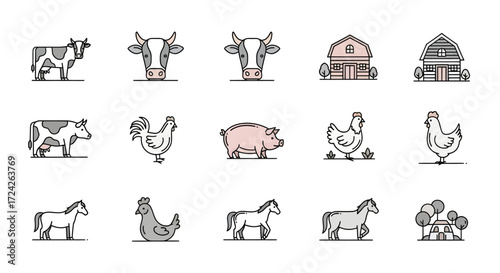 Collection of various farm animals and buildings, including cows, chickens, pigs, horses, and barns.