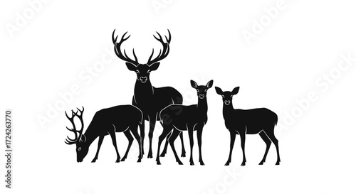 Black silhouettes of a deer family, including a majestic stag, a buck, and two does, standing together against a white background.