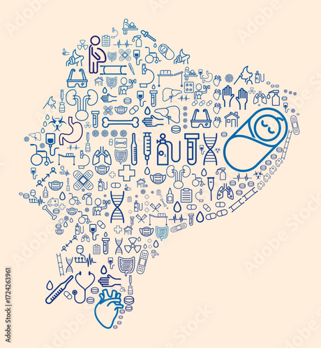 Map of Ecuador formed by icons related to medicine and healthcare system. SUS. Public healthcare. America
