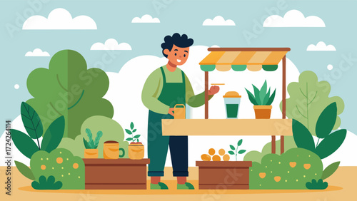 A young entrepreneur sets up a popup shop in the garden selling handcrafted herbal products made from plants found in the garden.. Vector illustration