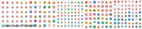 Collection of diverse traffic signs prohibiting and indicating road rules