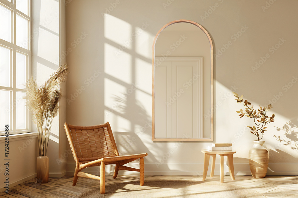 Fototapeta premium Modern minimalist interior featuring a large mirror and natural light in a serene living space