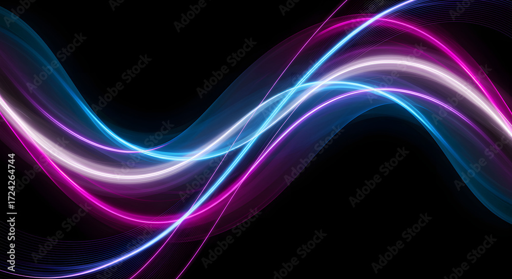 Fototapeta premium Abstract neon light waves in blue, pink, and white colors against a black background.