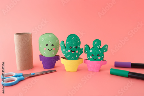 Simple DIY cactus craft using cardboard tube and markers, perfect for kids art classes, family blogs, sustainable toy packaging, and eco-friendly craft kits