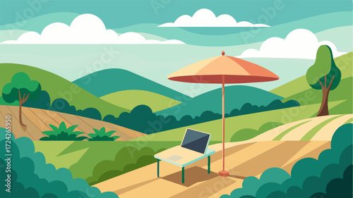 Amidst rolling hills covered in lush gvines a laptop rests under the shade of a large patio umbrella inviting its user to immerse themselves in the beauty of their surroundings. Vector illustration