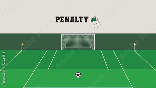 Flat design football penalty scene with green field goal net and ball for world cup 2026 background