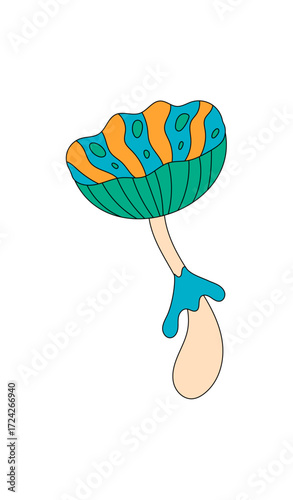 Groovy psychedelic mushroom sticker cartoon patch in a retro and trippy style. Colorful magic shroom stands as a unique groovy element. Great for retro pop fun uses.