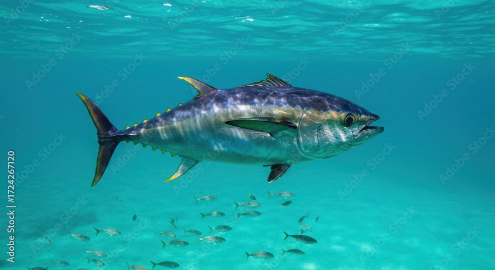 Fototapeta premium A magnificent tuna glides through the vibrant turquoise waters, showcasing its sleek form and intricate patterns.